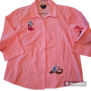 Cowboy Motif Blouse LasOlas L Red & White Pinstripe Button Up NWOT